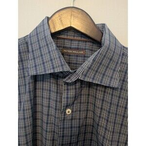 Peter Millar Casual Long Sleeve Button Up Shirt Blue Plaid Cotton Men's XL